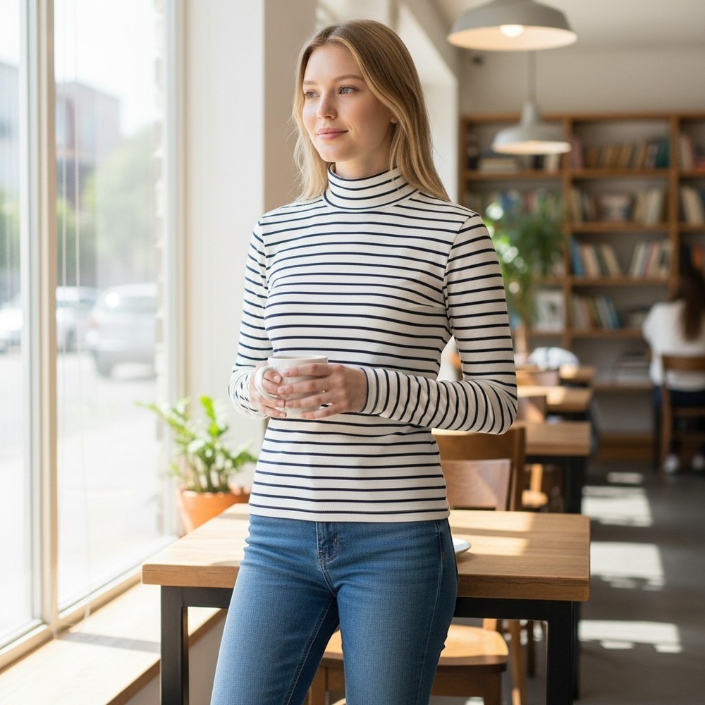 J.Crew Navy Blue White Striped Cotton Turtleneck Top Small